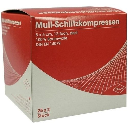 SCHLITZKOMPRESSE Mull 5x5cm 12fach steril Ausb, 25X2 ST